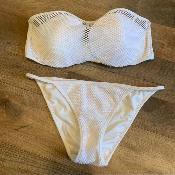 VS White Mesh Overlay Strapless Bikini Swim Set